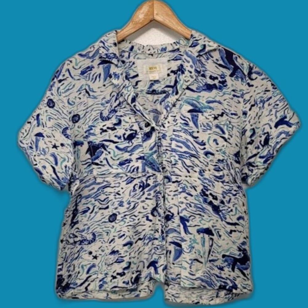 Maeve Anthropologie Sea Life Linen Blend Blouse Split Back Shirt Coastal Sz. S
